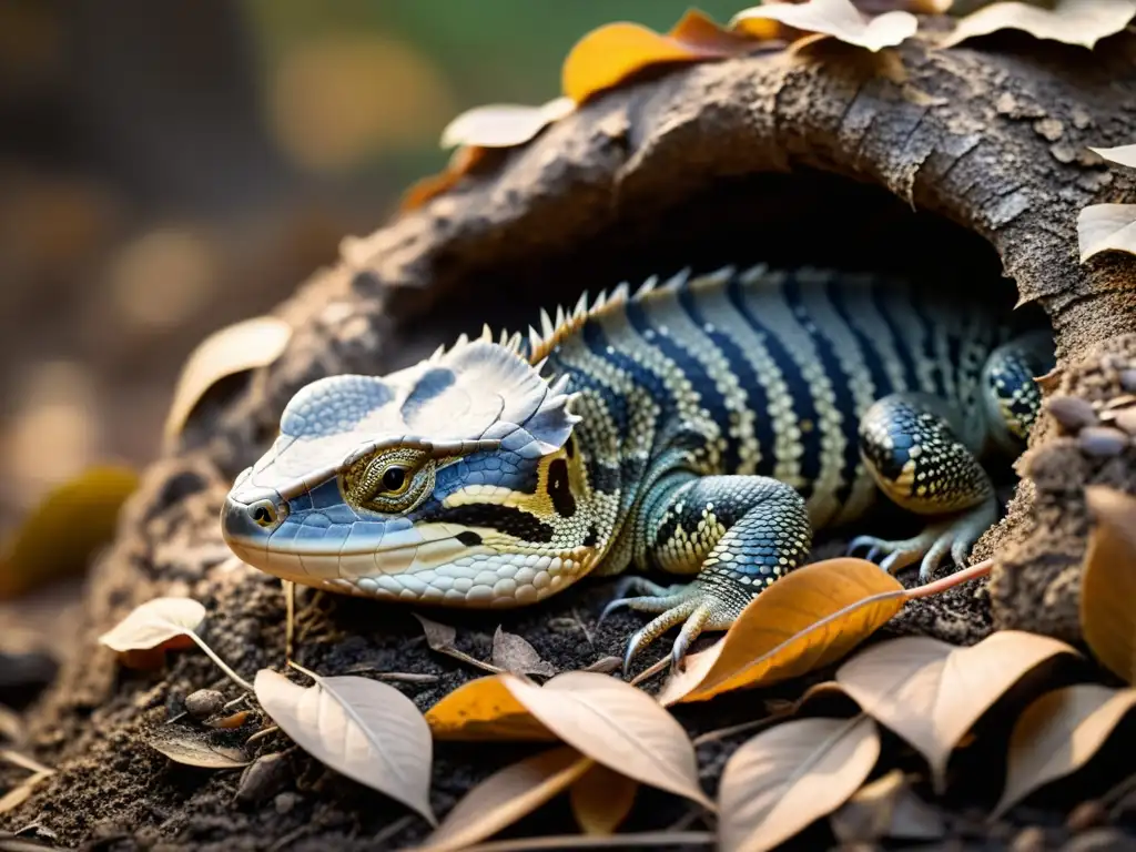 Detallada imagen de reptil hibernante, sus escamas y camuflaje natural