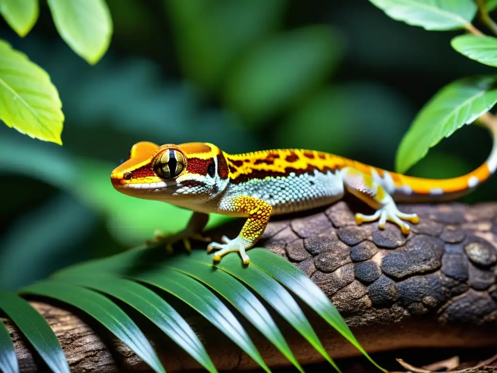 Detallada imagen de un reptil nocturno iluminado por la suave luz de la luna entre la densa vegetación