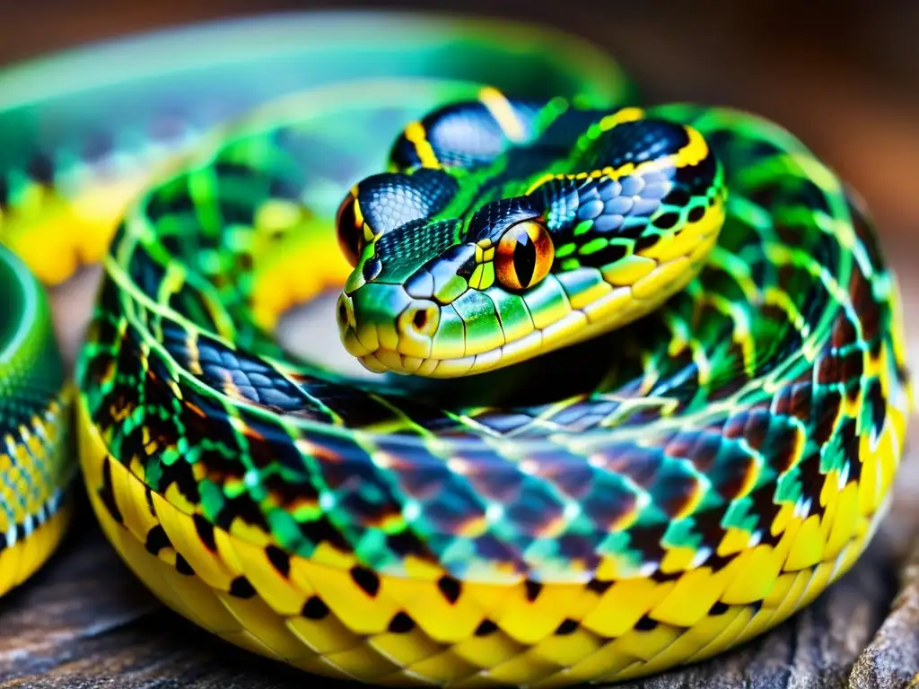 Detallada imagen de serpiente con escamas vibrantes y mirada intensa