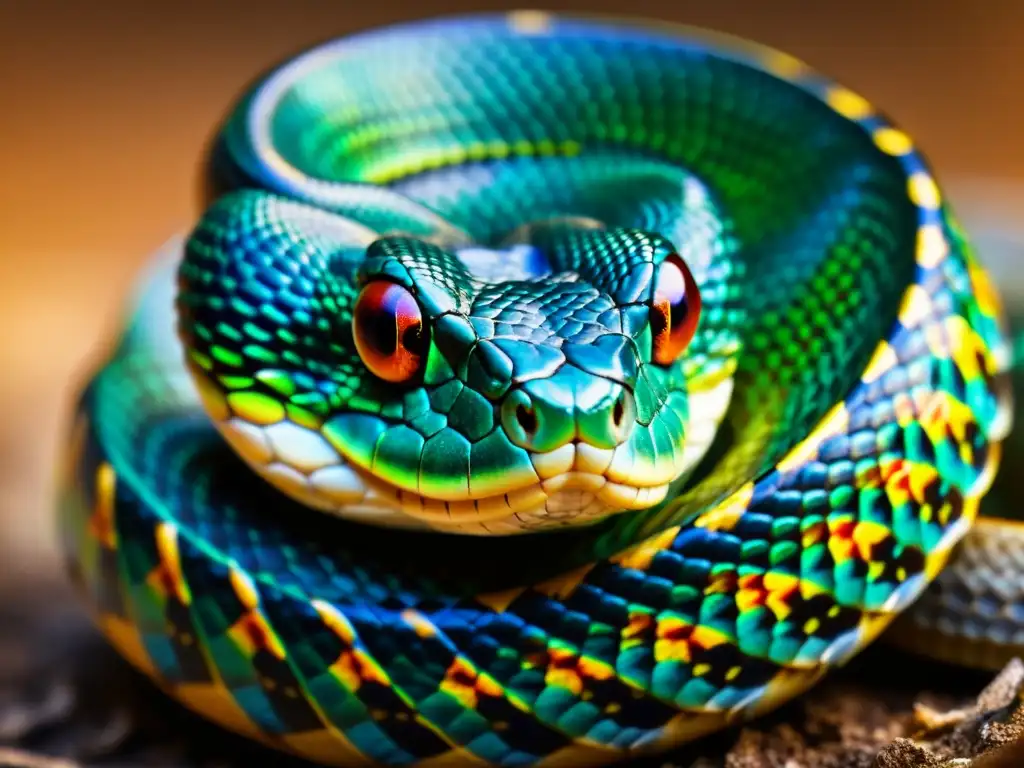 Detallada imagen de una serpiente venenosa lista para atacar, mostrando su letal belleza y biología