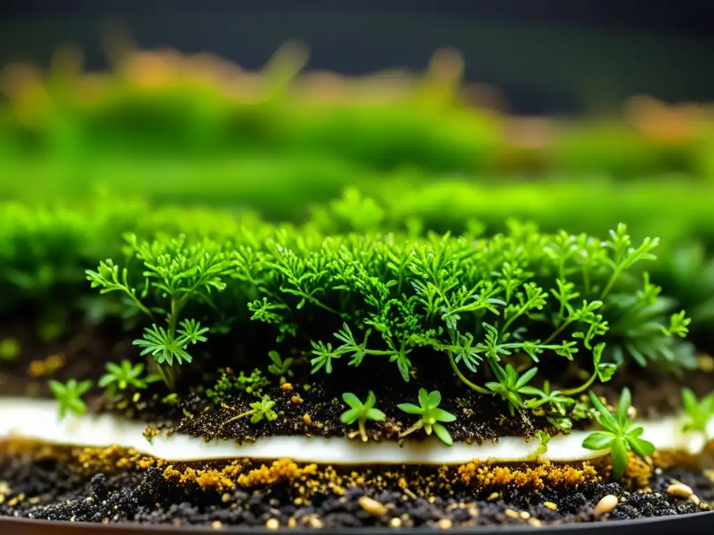 Detallada imagen de un sustrato para terrario con musgo, hongos y vida en miniatura