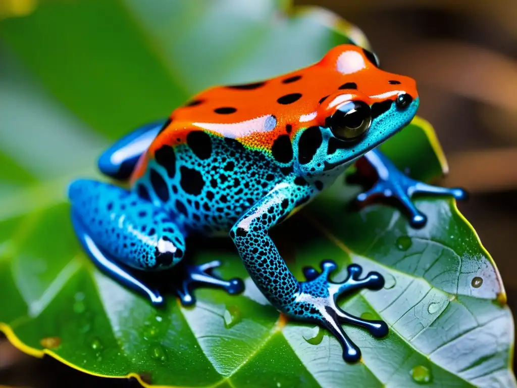 Detallada imagen del veneno de anfibios en la piel de una rana flecha, con patrones vibrantes y gotas de veneno, destacando su potente naturaleza