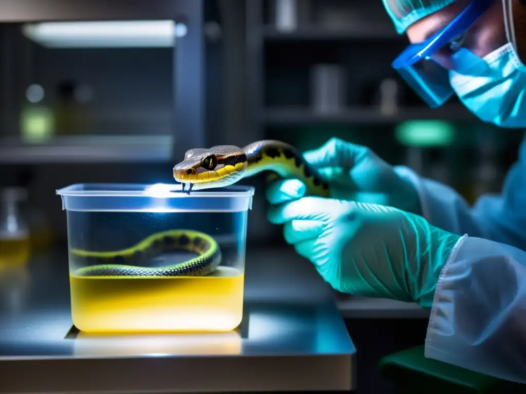 Detallada imagen de investigación de veneno de serpiente en laboratorio, científico extrayendo con cuidado