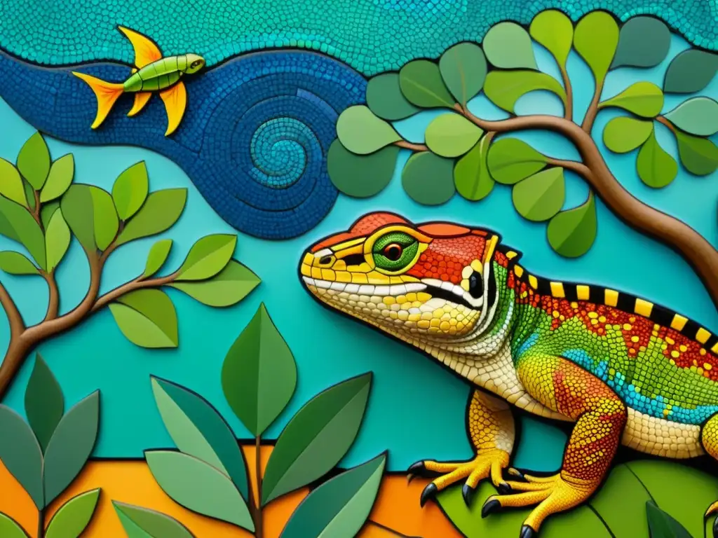 Detallada obra de arte en mosaico muestra la belleza de la naturaleza y la importancia de la conservación de reptiles a través de creatividad