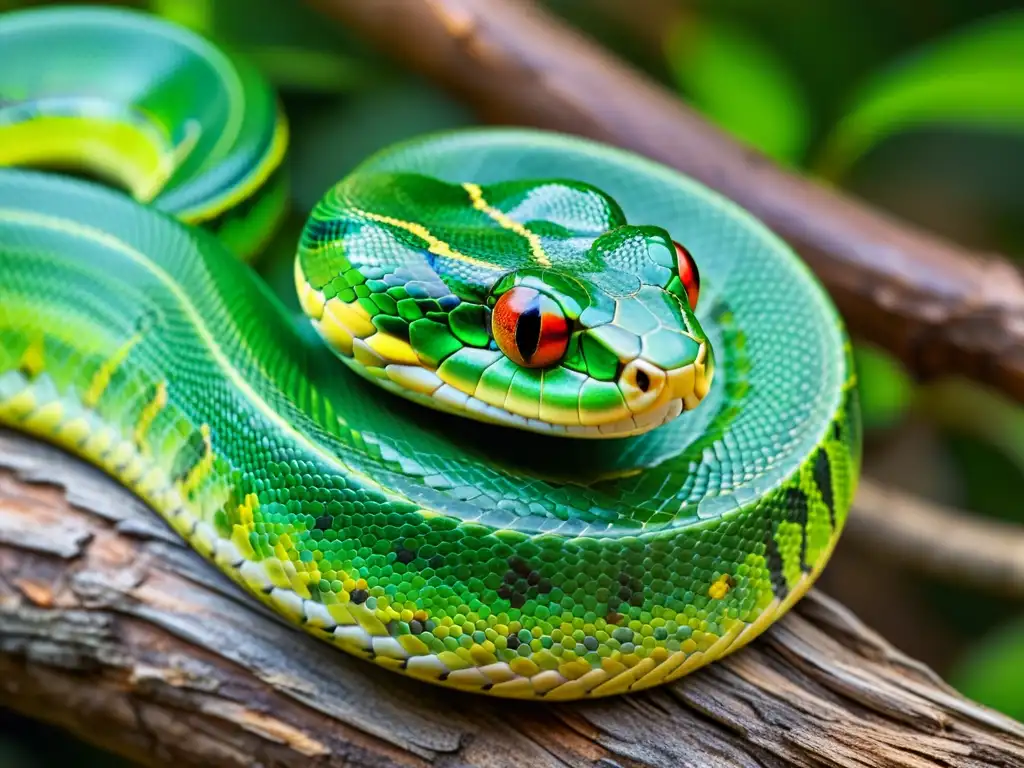 Detallada fotografía que cambia percepción reptiles: serpiente verde enrama, ojos dorados, peligro y belleza en la naturaleza