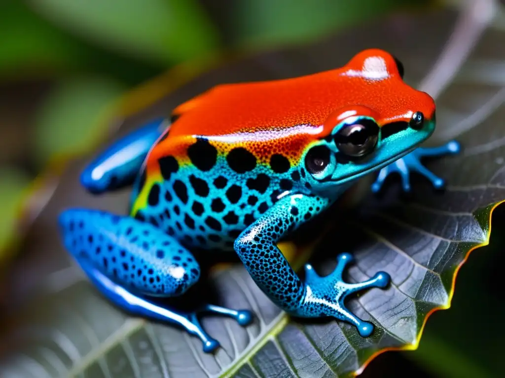 Detallada piel de una rana dardo venenosa, con patrones vibrantes y colores intrincados