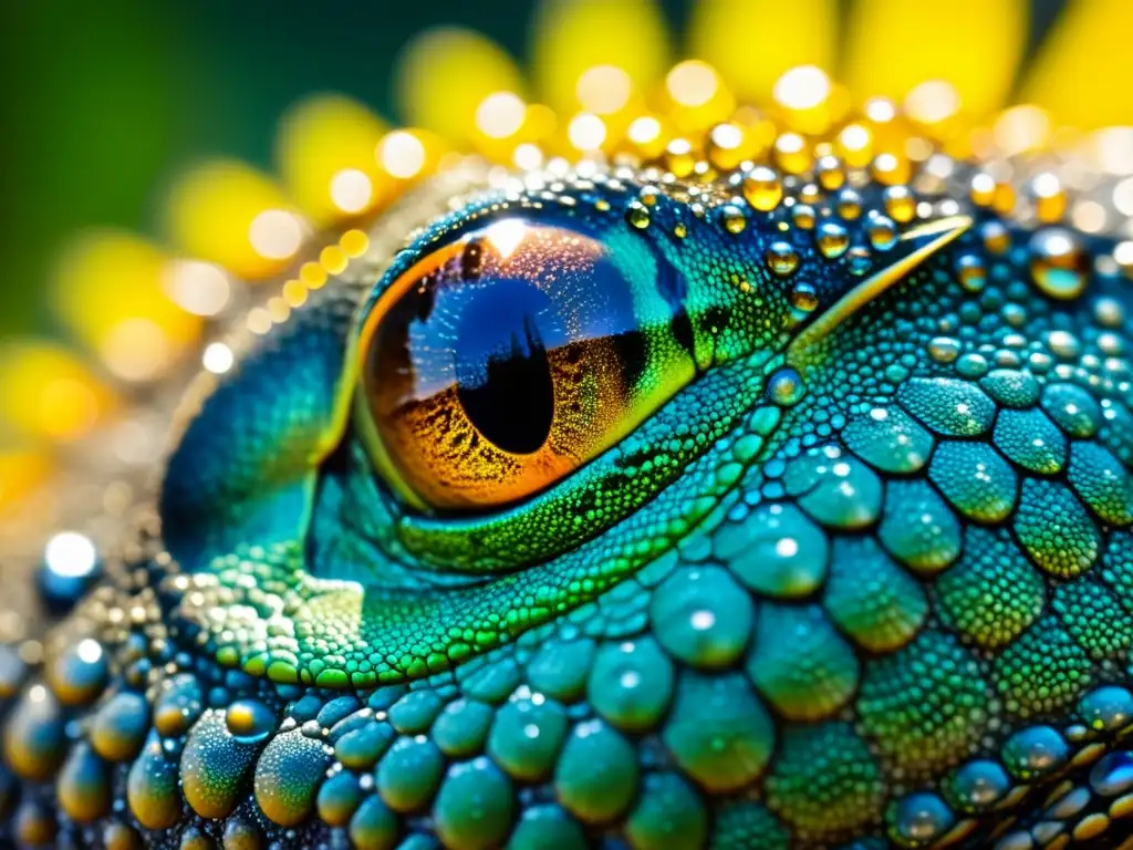 Detallada piel de reptil con gotas de agua, reflejando luz en colores brillantes, y ojo intrigante al fondo