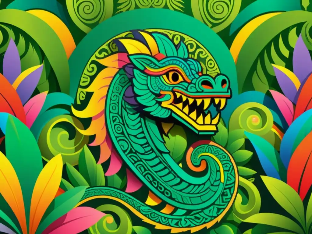 Quetzalcóatl: Serpiente Emplumada en la Selva Ilustración detallada de Quetzalcóatl, la serpiente emplumada, emerge de la exuberante jungla, influencia cultura mesoamericana serpiente emplumada