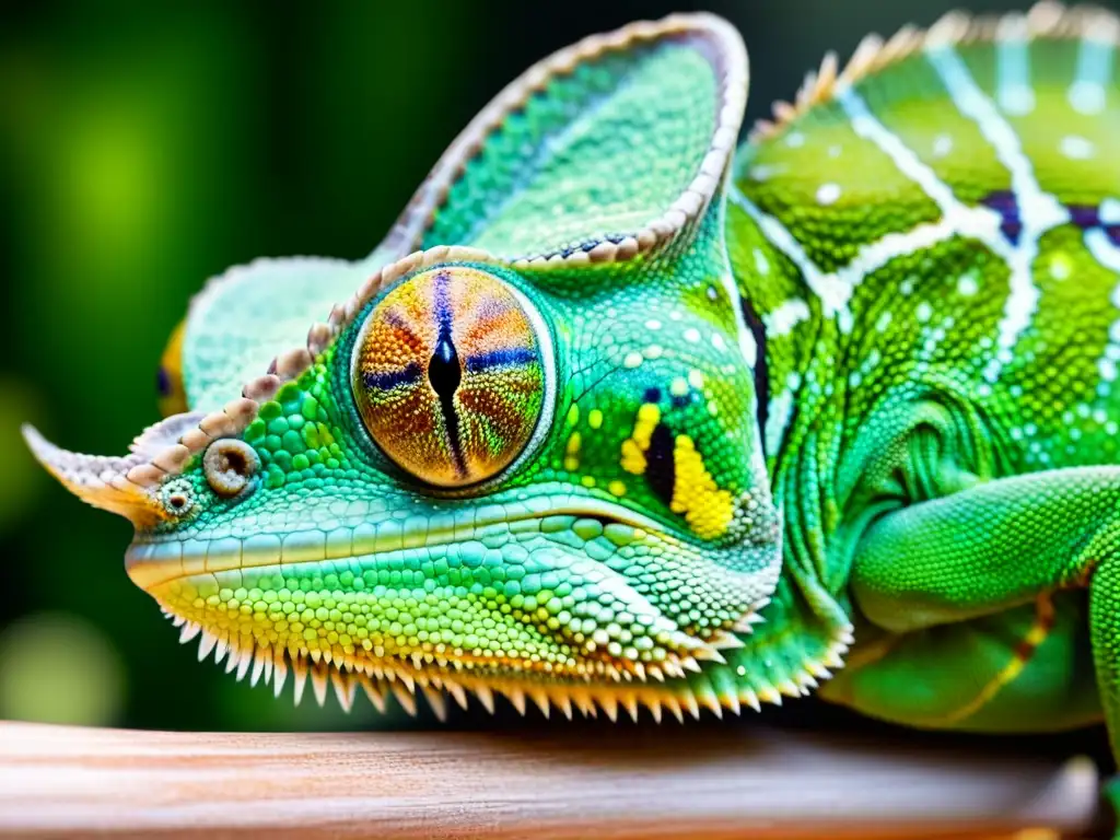 Una fotografía detallada de un camaleón verde con personalidad, sus escamas y patrones en detalle bajo la luz del sol