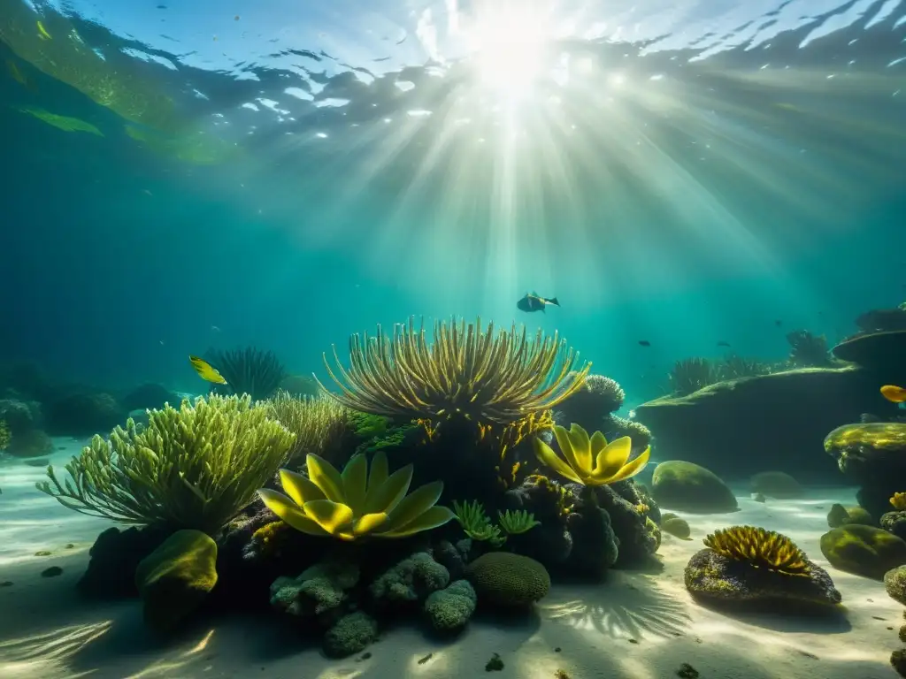 Una fotografía detallada de un vibrante hábitat acuático, con luz solar filtrándose a través del agua sobre plantas y criaturas acuáticas