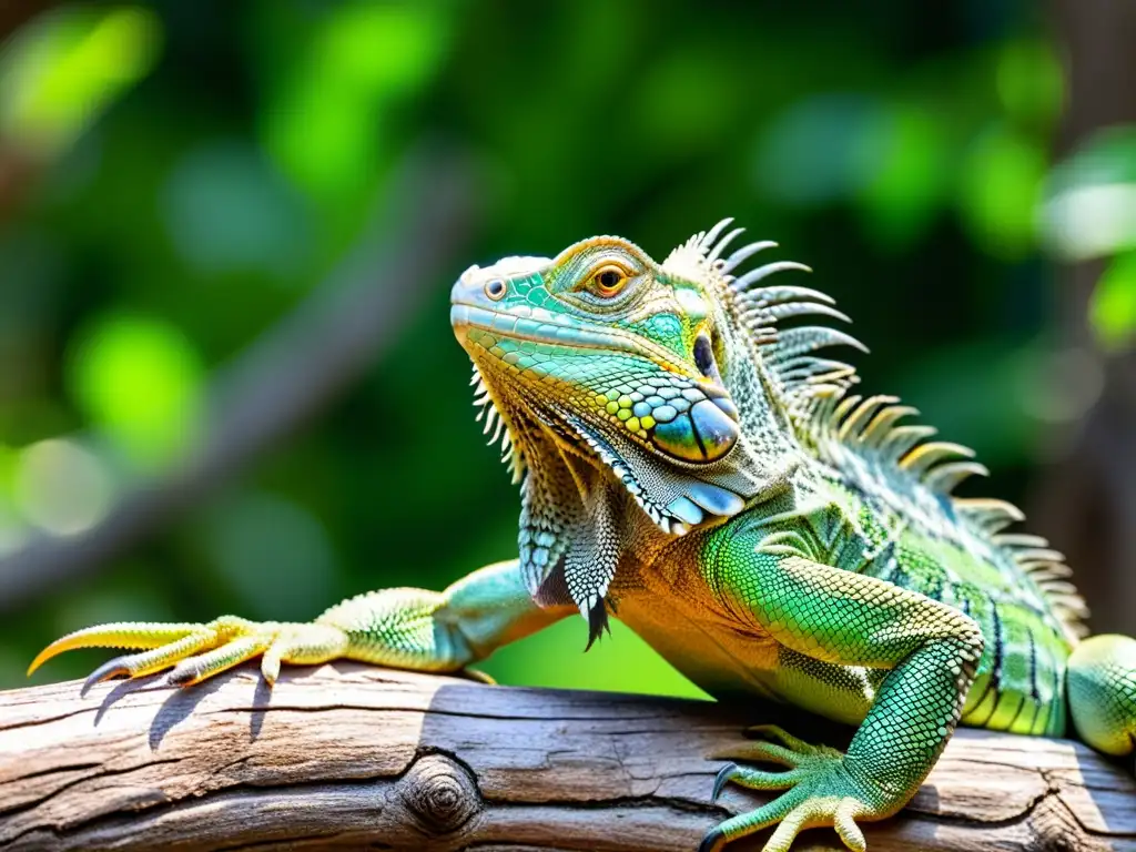 Una fotografía detallada y vibrante de una iguana verde en una rama, destacando sus escamas y ojos brillantes