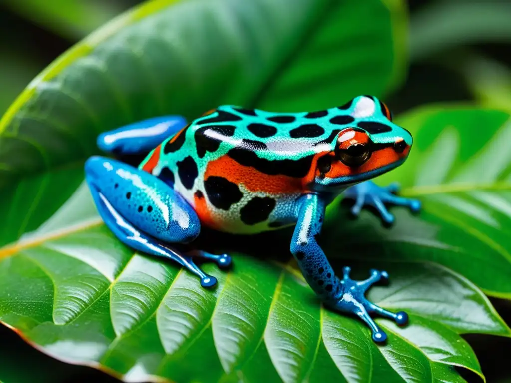 Detallada composición visual fotografía anfibios: rana venenosa de colores vibrantes en hoja verde exuberante