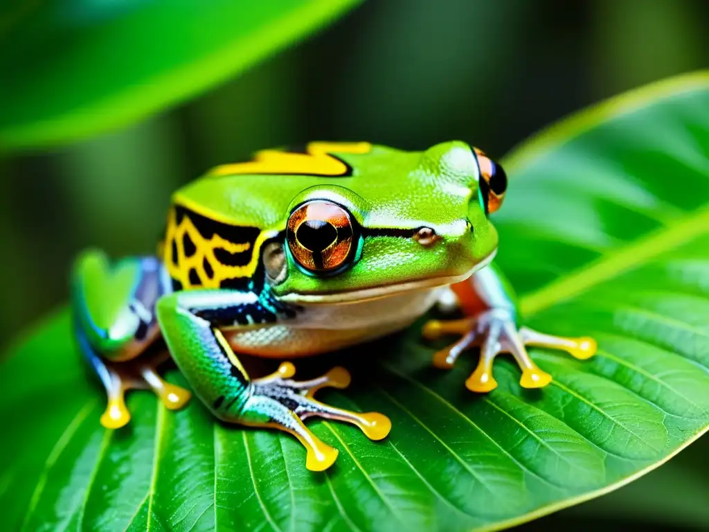 Detallada documentación visual conservación anfibios: rana verde en hoja de selva tropical