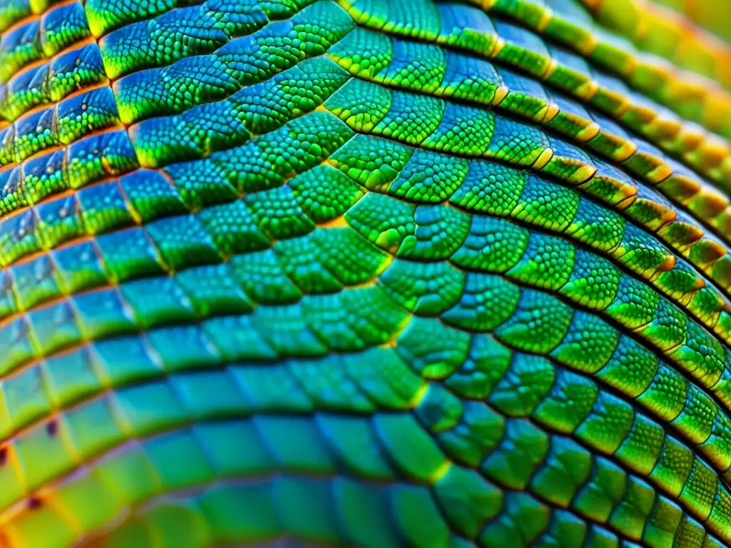 Detallado closeup de las escamas de un reptil, con patrones e iridiscencia, destacando la comunicación táctil en reptiles