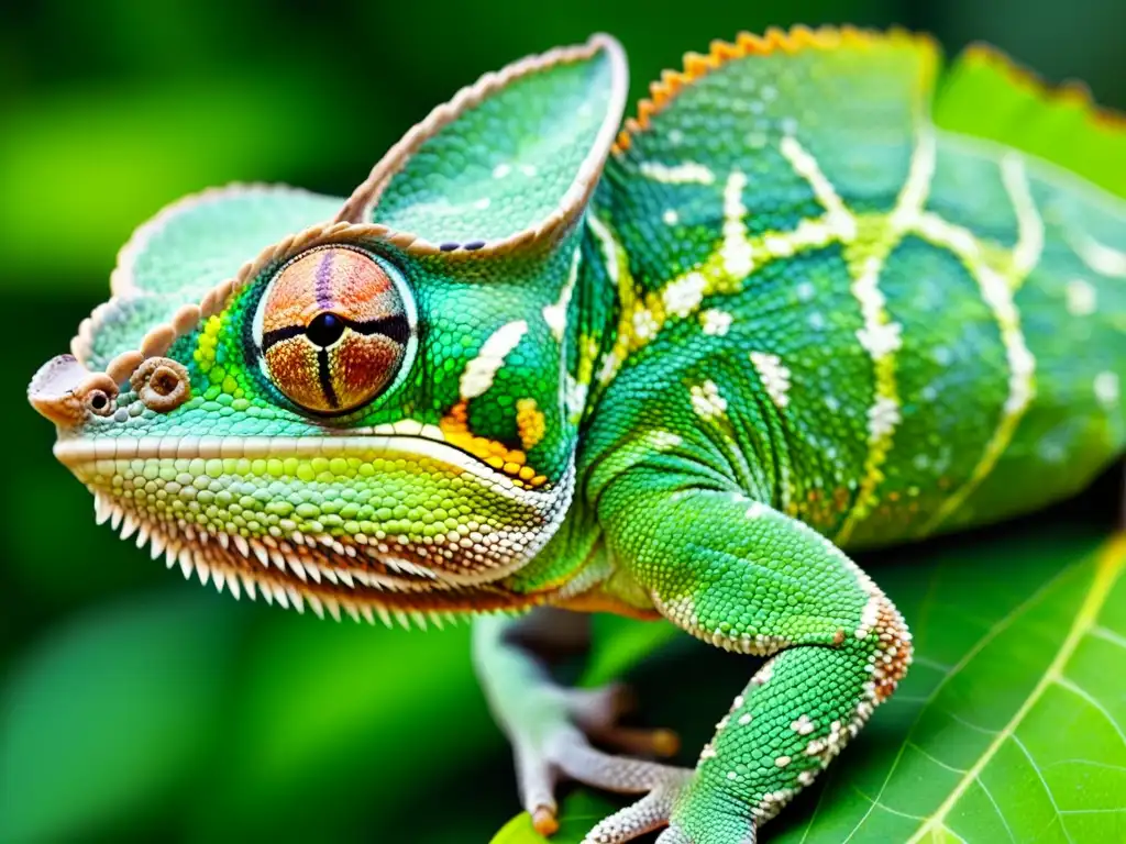 Un camaleón detallado camuflándose en una hoja verde, mostrando sus estrategias de supervivencia en reptiles