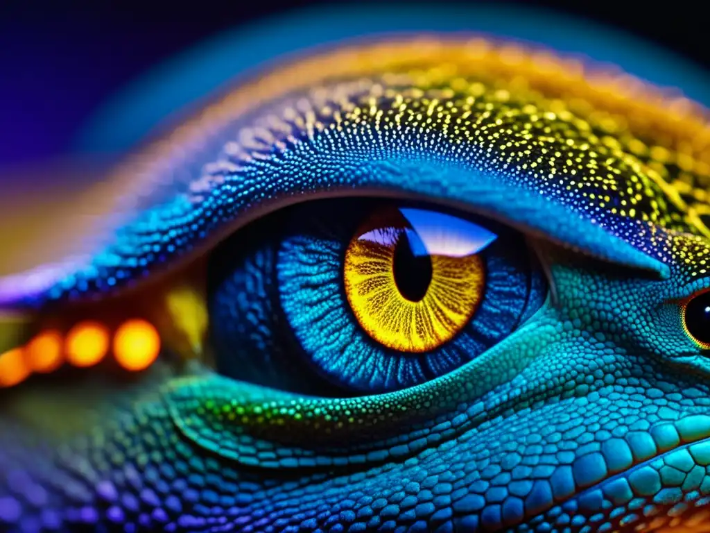 Detallado ojo de gecko bajo luz ultravioleta, revelando la visión ultravioleta en reptiles y sus intrincados patrones y texturas