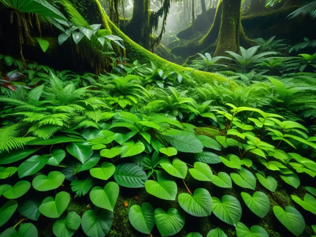 Un detallado paisaje del suelo de la selva tropical, resaltando la importancia de la humedad en reptiles