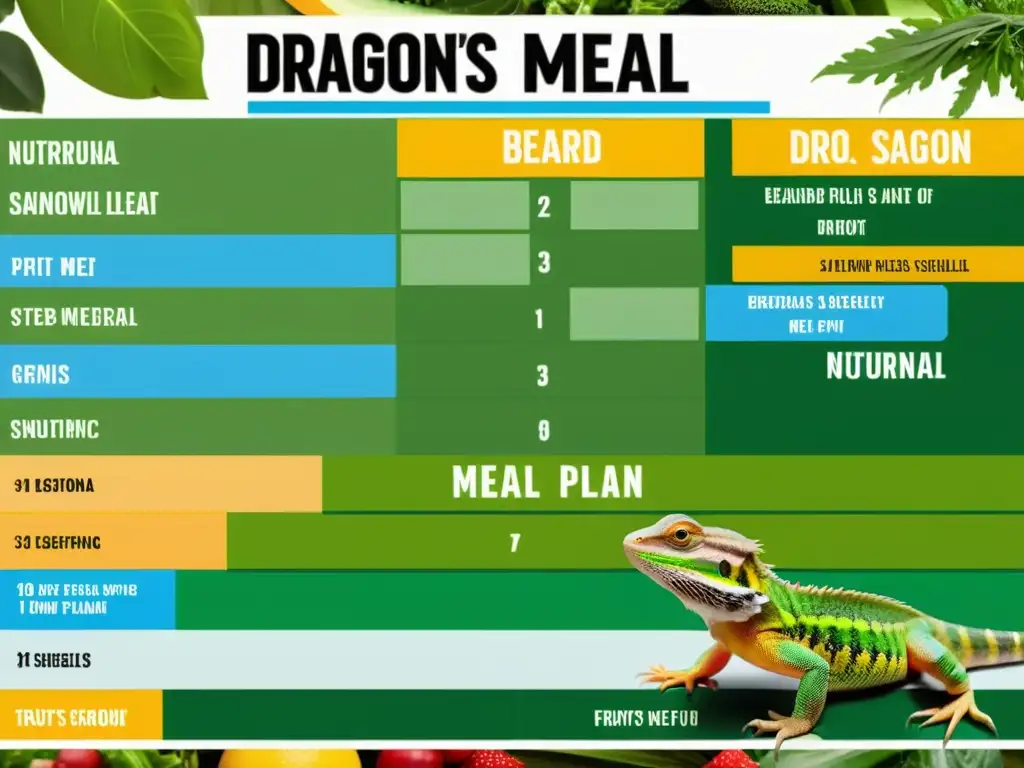 Detallado plan de alimentación para dragón barbudo con vegetales verdes, frutas jugosas e insectos vivos, destacando la meticulosa planificación