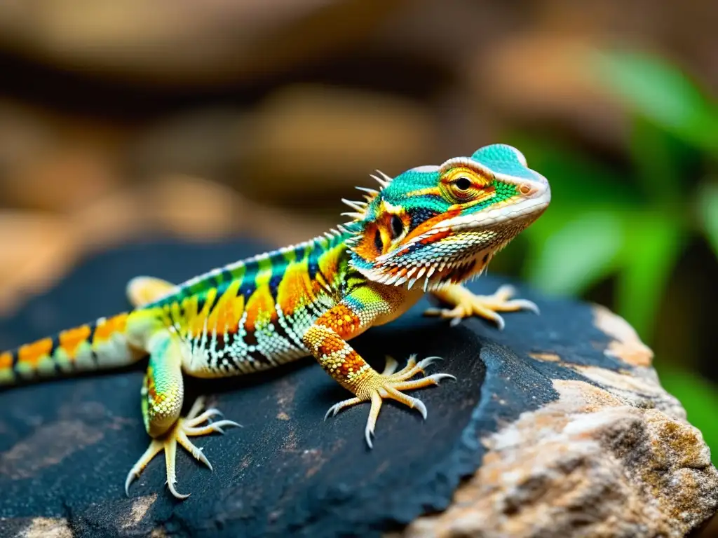 Un detallado retrato de un lagarto barbudo en su hábitat natural, con escamas nítidas y piel intrincada