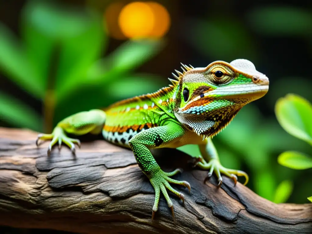 Un detallado retrato de un lagarto verde y marrón en un entorno de terrario natural, capturando la esencia de los reptiles omnívoros