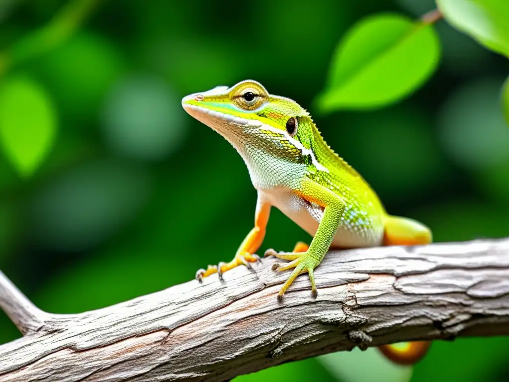 Un detallado anolis verde camuflado entre las hojas para destacar tácticas de defensa en anfibios y reptiles