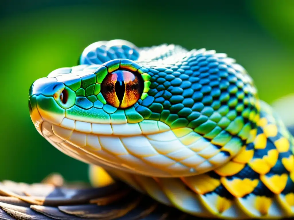 Detalle en alta resolución de las escamas de una serpiente, con patrones y colores vibrantes