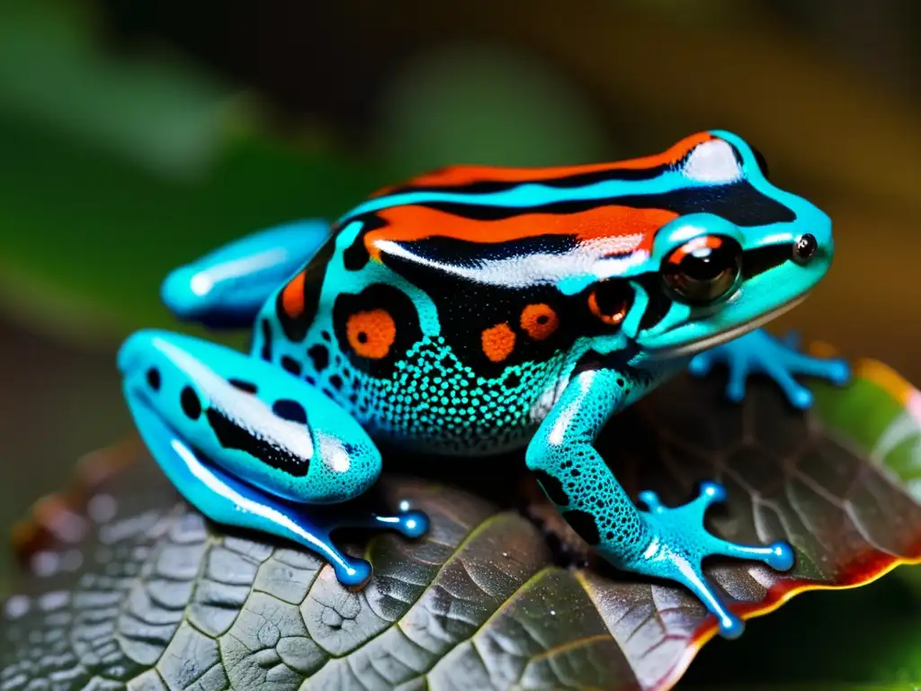 Detalle en alta resolución de la piel de una rana flecha venenosa, con patrones y colores vibrantes