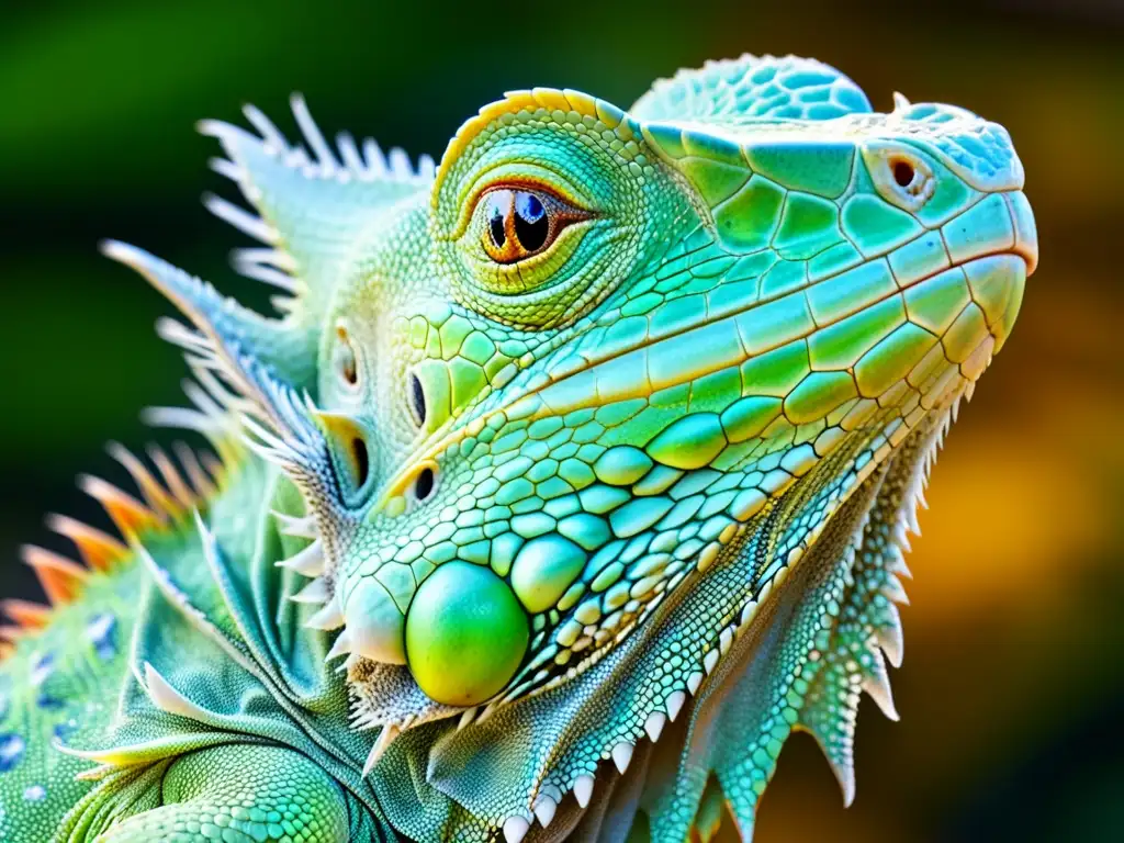 Detalle en alta resolución de la piel de iguana, resaltando sus texturas y colores vibrantes