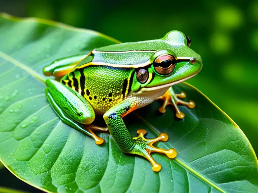 Detalle en alta resolución de la textura de la piel de una rana arbórea verde, mostrando patrones únicos