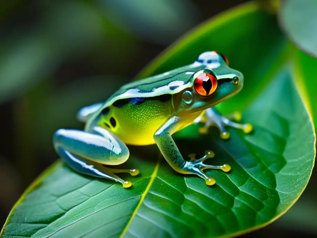 Detalle de un anfibio elusivo del planeta, una rara rana de cristal en la selva tropical, con ojos brillantes y piel translúcida