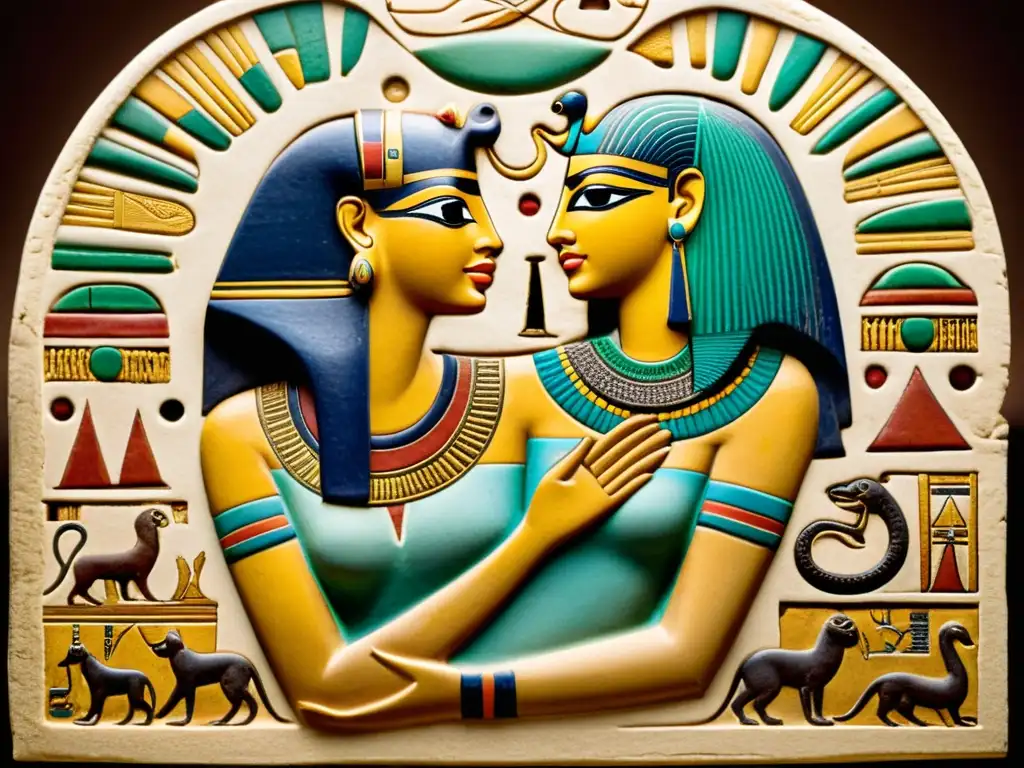 Escultura egipcia de Cleopatra con serpiente: detalle y color vibrante Detalle de la antigua escultura egipcia de Cleopatra sosteniendo una serpiente, rodeada de jeroglíficos y patrones intrincados