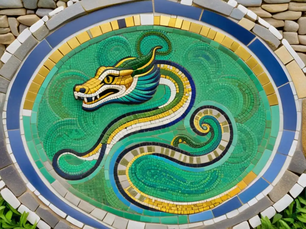 Detalle de antiguo mosaico de serpiente en tonos verdes, dorados y azules, contra fondo de piedra