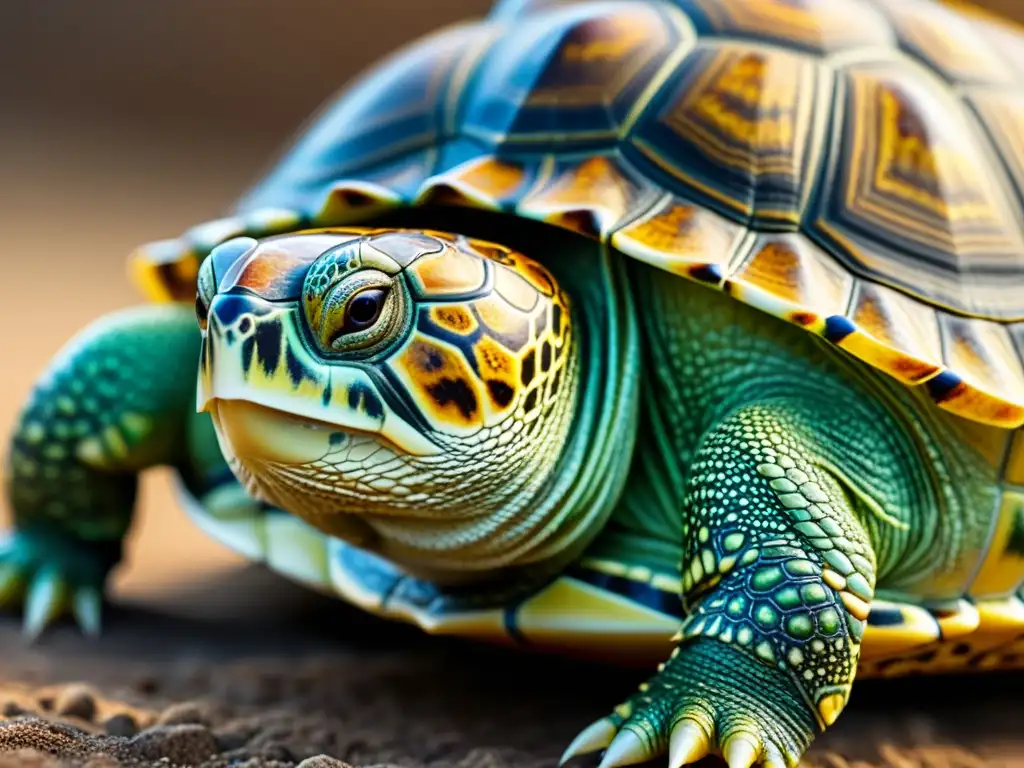 Detalle asombroso de la armadura de una tortuga, con patrones y texturas únicas que se entrelazan en tonos terrosos