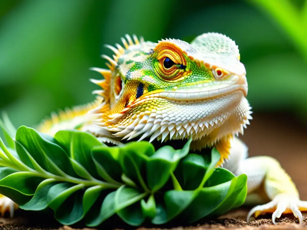 Detalle asombroso de la boca de un dragón barbudo comiendo verduras, resaltando la dieta segura para reptiles y la belleza de sus escamas