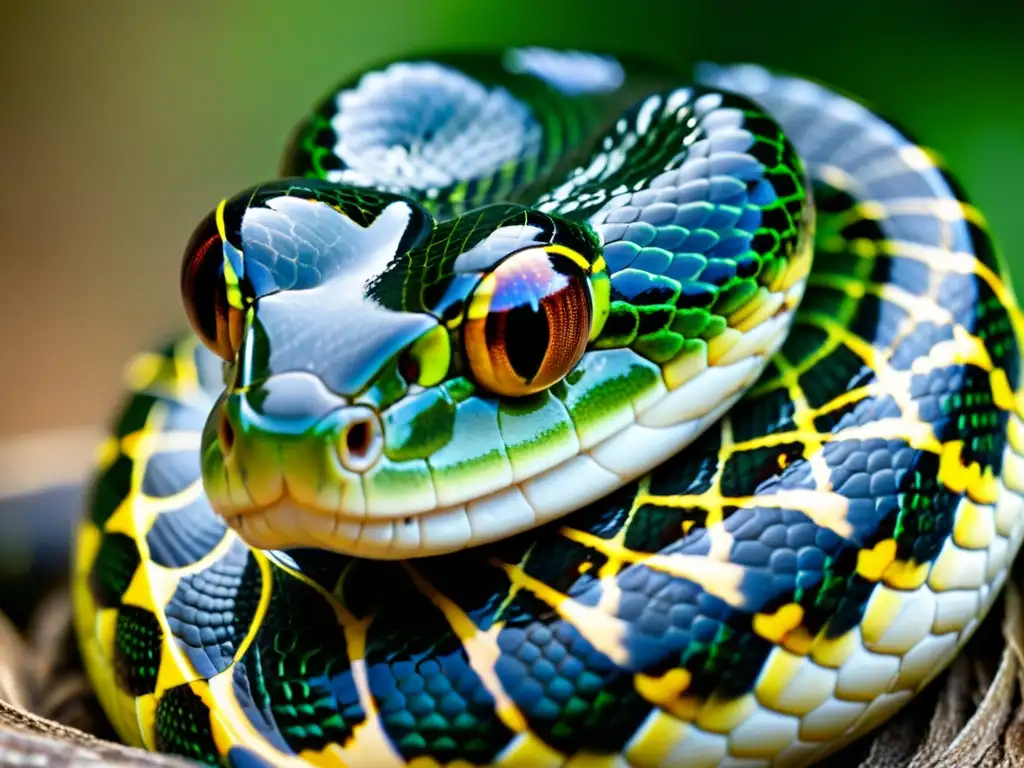 Detalle asombroso de la cabeza de una serpiente, con sus escamas, textura de la piel y su hipnótica mirada