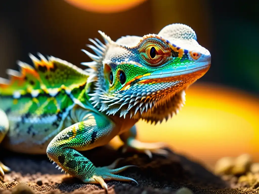 Detalle asombroso de un dragón barbudo bajo lámpara de calor, destacando sus escamas y ojos