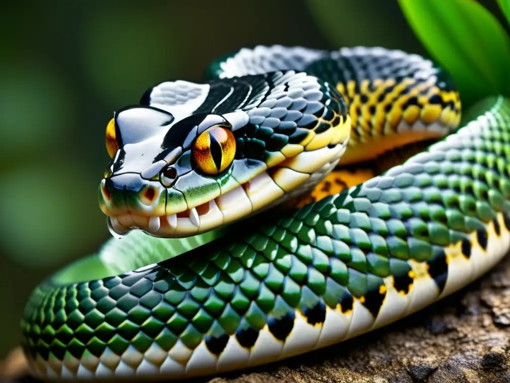 Detalle asombroso de colmillos de serpiente goteando veneno, listos para atacar