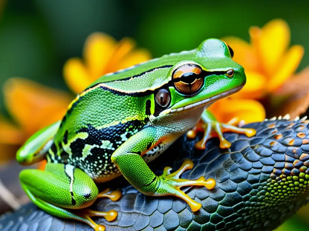 Simbiosis: Detalles asombrosos de rana y iguana Detalle asombroso del comensalismo en reptiles y anfibios: una rana verde descansa sobre el lomo de una iguana, mostrando texturas y colores vibrantes