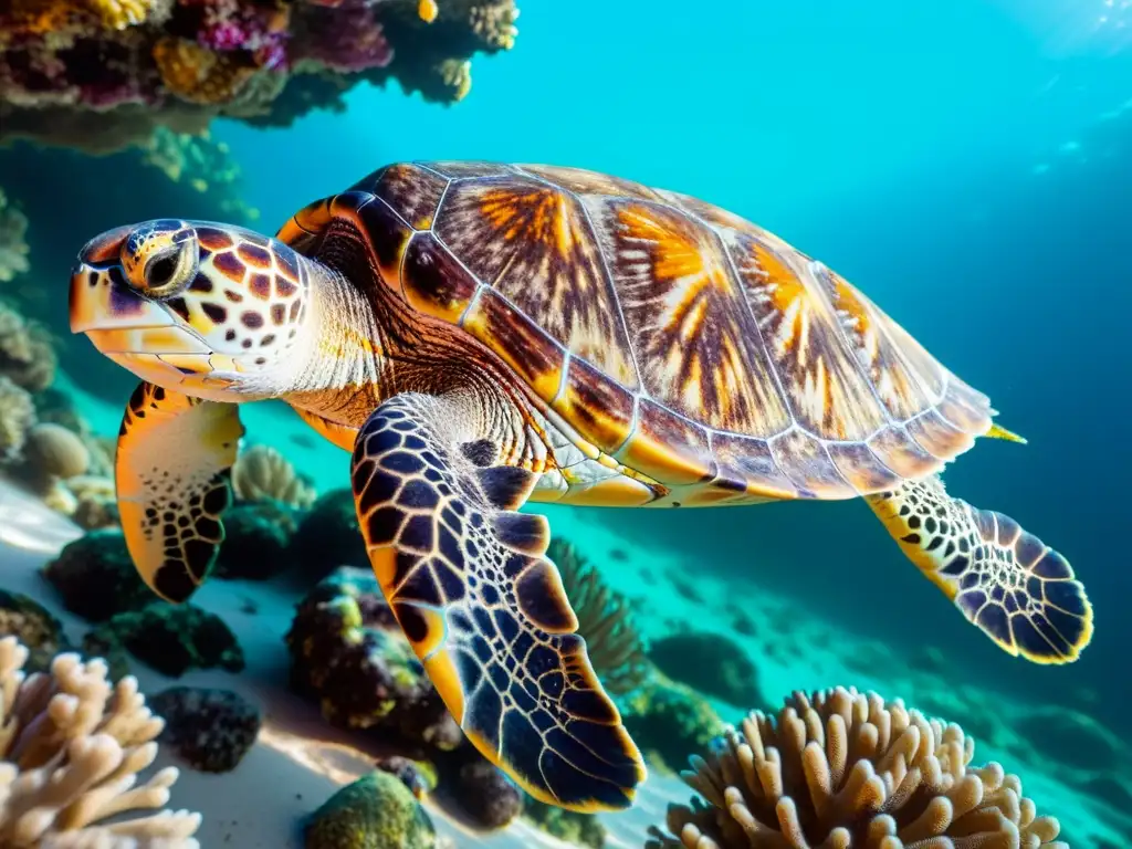 Detalle asombroso de la concha de una Tortuga Carey en un arrecife de coral vibrante bajo el agua cristalina del océano