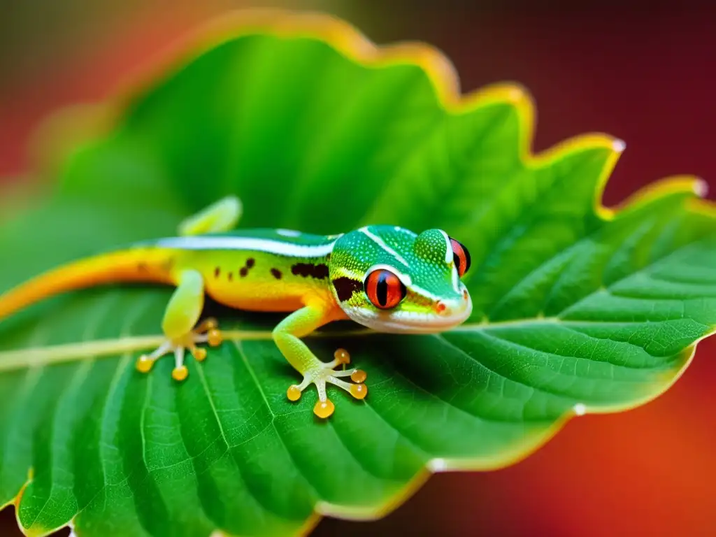 Detalle asombroso de un diminuto gecko en una hoja, sus escamas translúcidas y patitas de ventosa claramente visibles