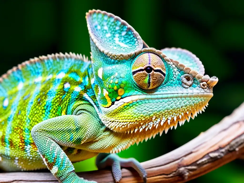 Detalles asombrosos: la piel iridiscente y expresiva de un camaleón Detalle asombroso de las escamas y colores vibrantes de un camaleón en una rama