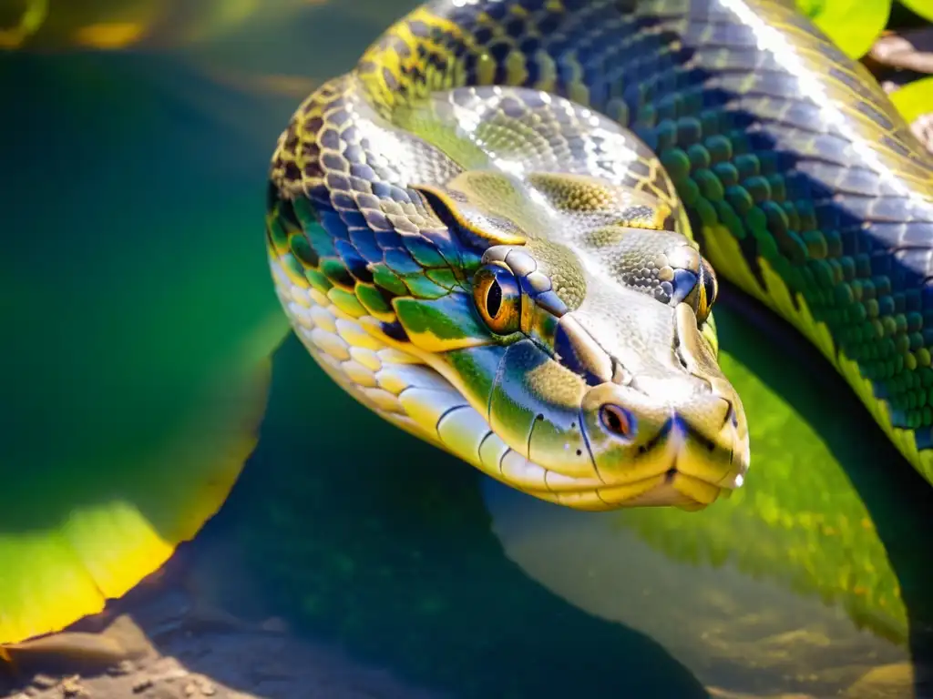 Detalle asombroso de las escamas iridiscentes de una anaconda verde en aguas sombrías