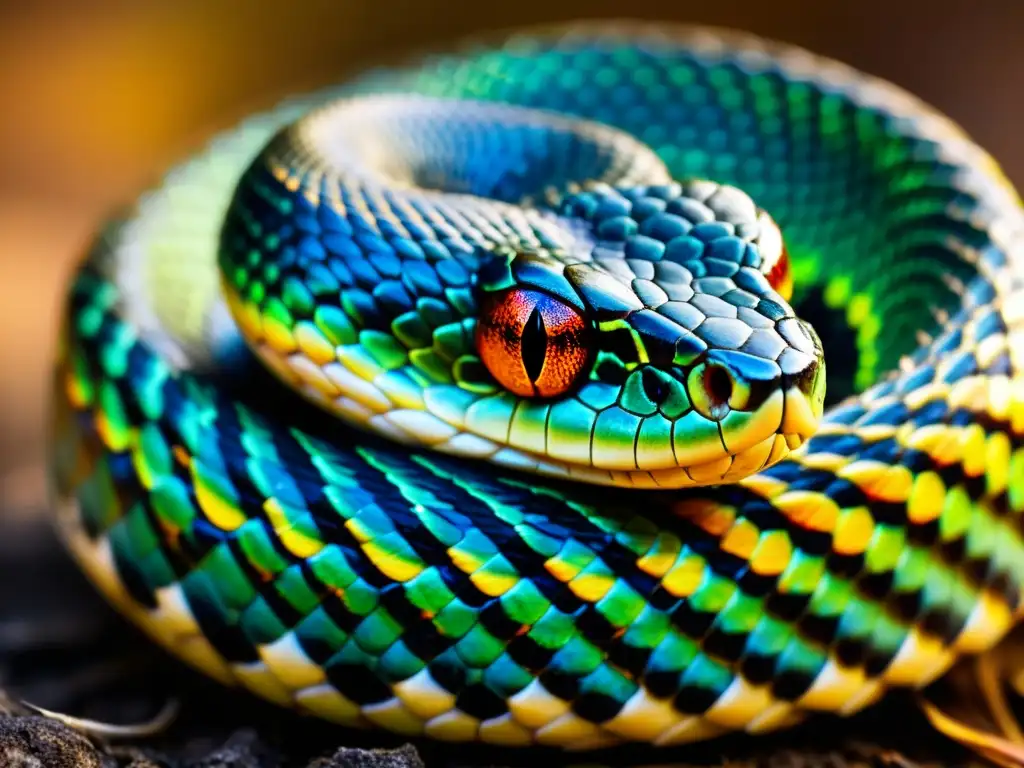 Detalle asombroso de las escamas de una serpiente venenosa, con colores vibrantes y patrones hipnóticos, reflejando su intensa mirada