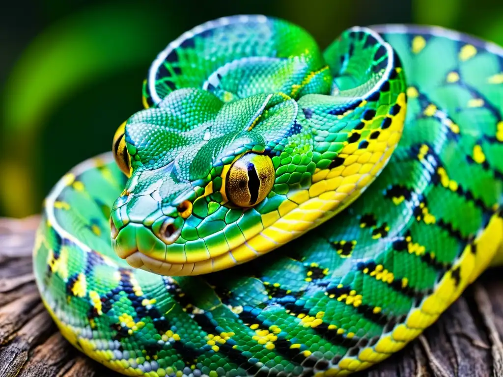 Detalle asombroso de las escamas de una pitón verde, resaltando la importancia del genoma en reptiles