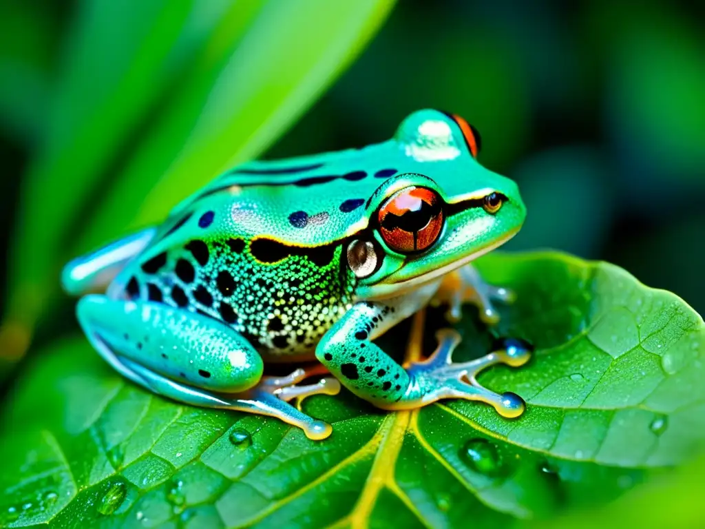 Detalle asombroso de una gota de agua en la piel iridiscente de una rana tropical, resaltando su color vibrante