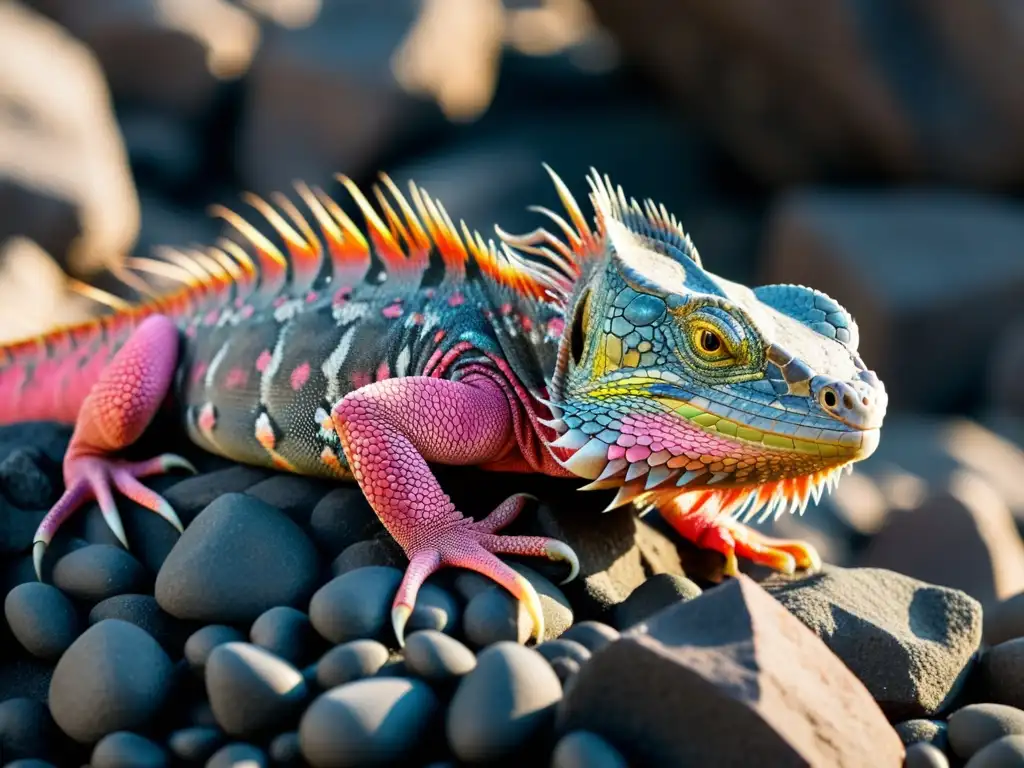 Detalle asombroso de una iguana rosada de Galápagos camuflada entre rocas volcánicas rosadas y grises