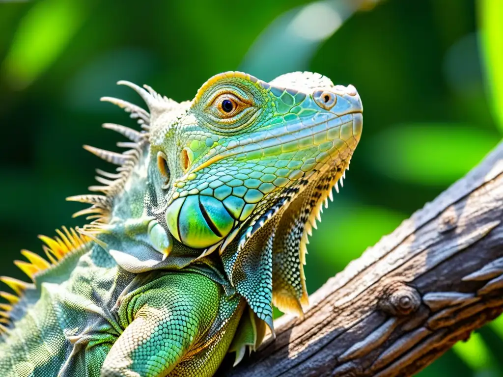 Detalle asombroso de una iguana verde en rama, con escamas y ojo enfocados