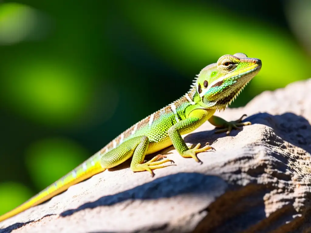 Detalle asombroso de una lagartija verde en su hábitat natural, mostrando su crecimiento y patrones de escamas en la roca soleada