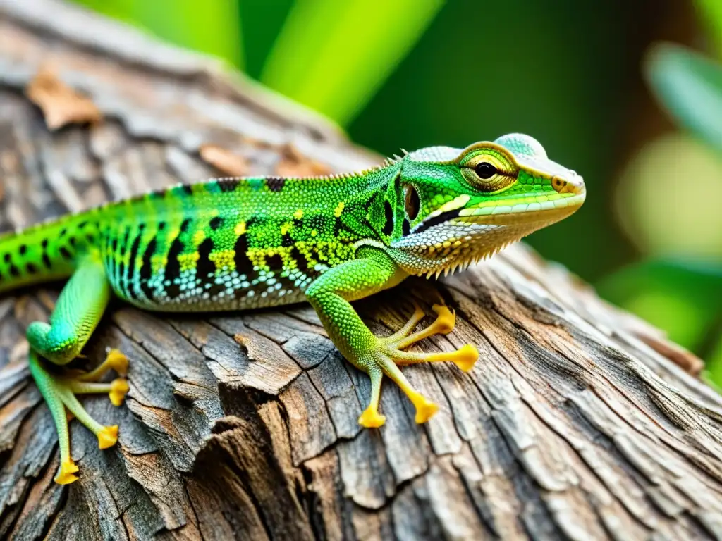 Detalle asombroso de un lagarto verde camuflado en un tronco de árbol