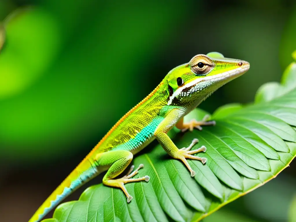 Detalle asombroso de un lagarto anolis verde en su hábitat natural